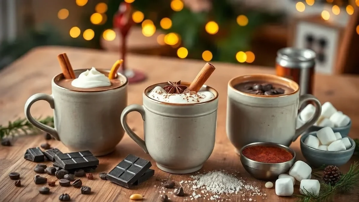 Trois tasses de chocolat chaud avec des garnitures aux épices sur une table de fête Trois tasses de chocolat chaud avec des garnitures aux épices sur une table de fête