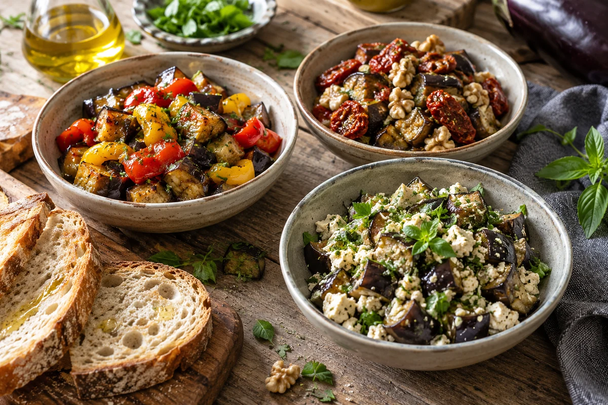 Trois bols d’aubergines avec poivrons, tomates séchées, noix et garniture blanche émiettée.