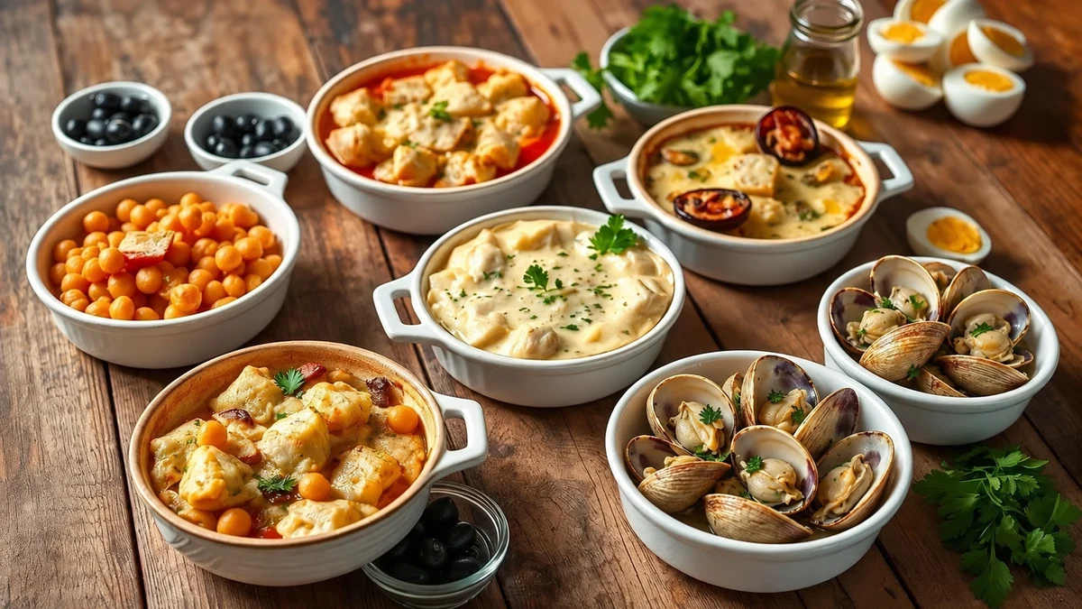 Petits plats de variantes de bacalhoada, pois chiches et bols de palourdes cuites