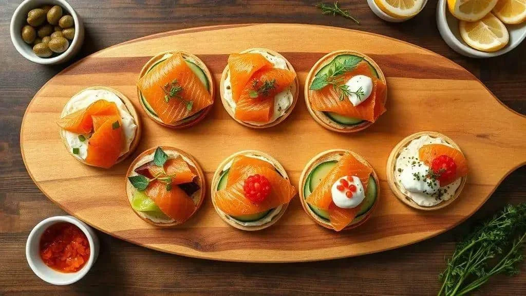Différentes garnitures de canapés au saumon fumé, avec concombre, herbes et œufs de poisson