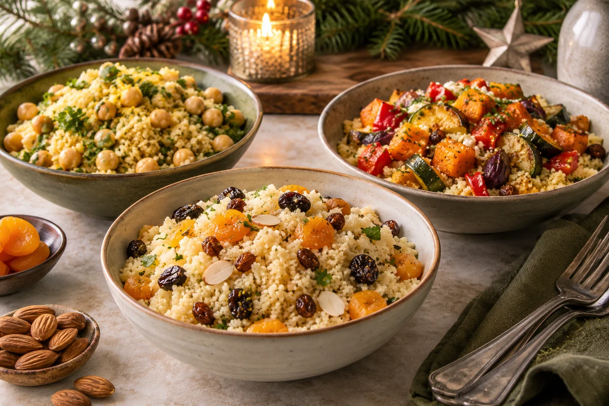 Trois variantes de couscous avec des pois chiches, des légumes rôtis ou des fruits secs et des amandes