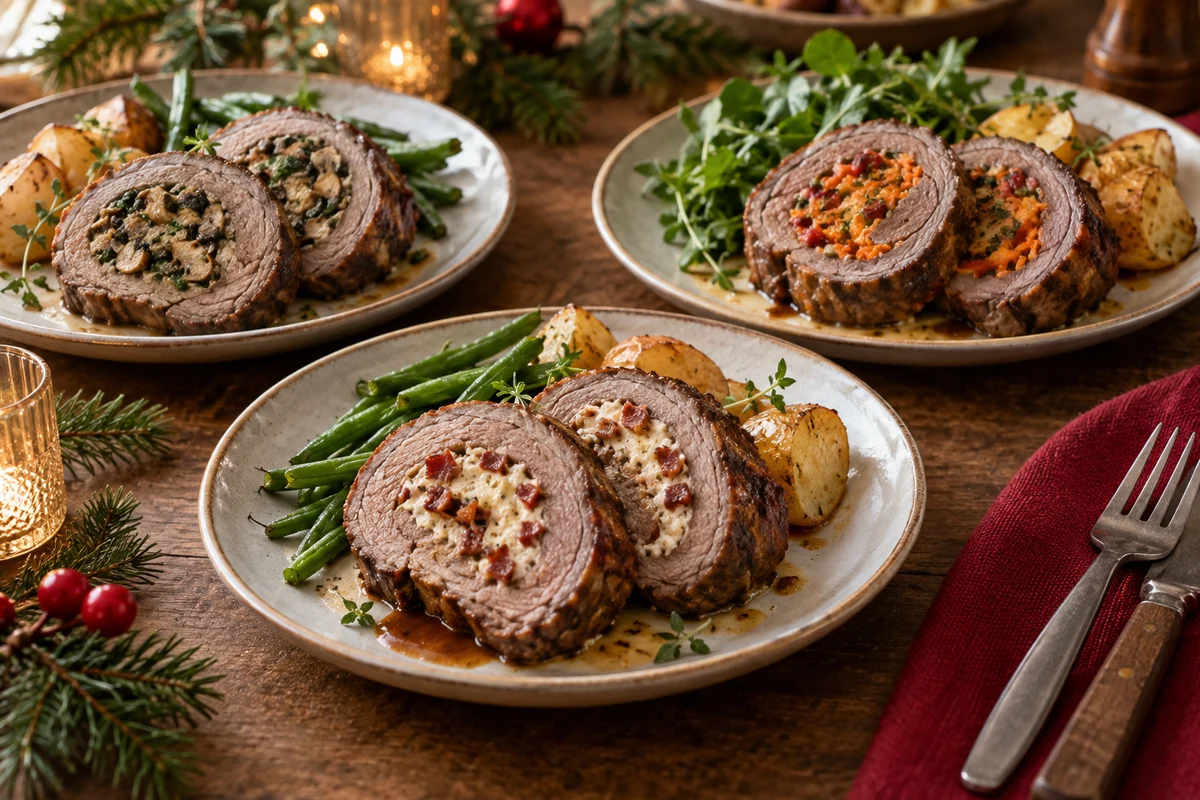 Trois assiettes de bœuf farci avec des garnitures différentes, des pommes de terre et des légumes verts