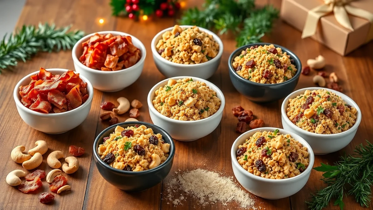 Différentes garnitures et variantes de farofa, avec des fruits à coque, des raisins, du tofu ou du bacon.