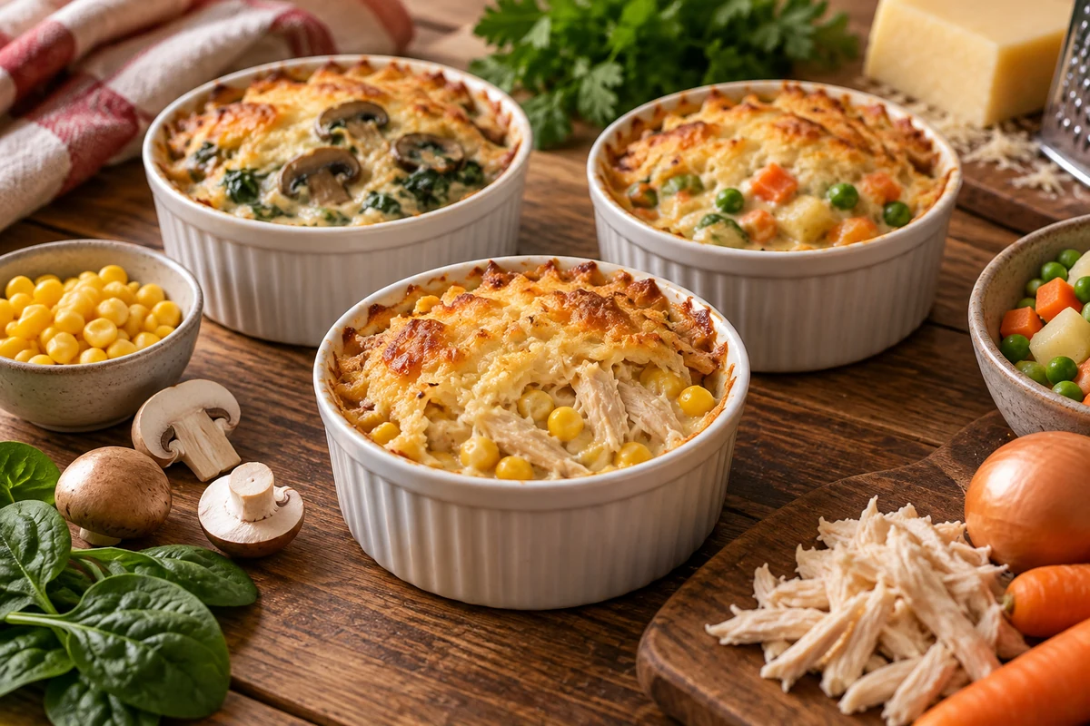 Variantes de gratin crémeux présentées dans des ramequins individuels