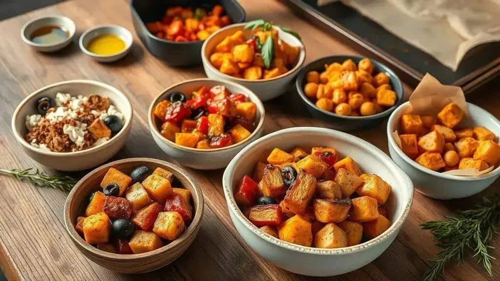 Variantes de légumes rôtis avec feta, olives et garnitures Variantes de légumes rôtis avec feta, olives et garnitures