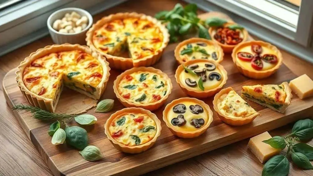 Quiches et mini-quiches aux légumes et au fromage présentées sur une planche