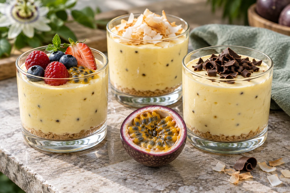 Trois verrines au fruit de la passion garnies de fruits rouges, de coco et de chocolat Trois verrines au fruit de la passion garnies de fruits rouges, de coco et de chocolat
