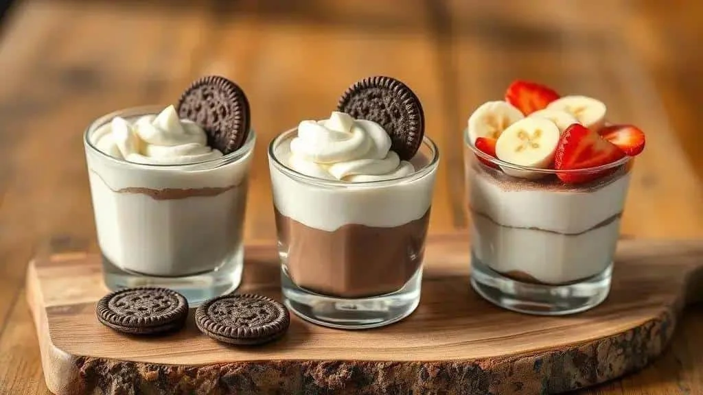 Desserts en verrines avec couches chocolatées, crème claire, biscuits, banane et fraise ; idées de variantes.
