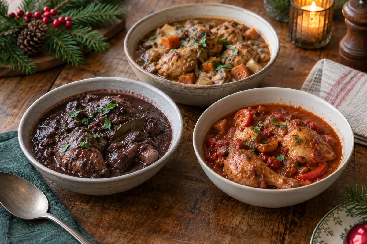 Trois bols de poulet mijoté dans des sauces de couleurs et de textures différentes