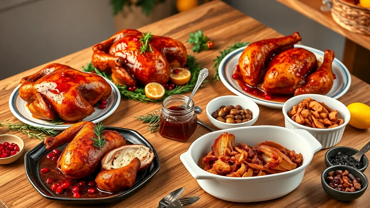 Plusieurs présentations de poulet rôti et de morceaux de poulet, avec sauces, fruits et herbes