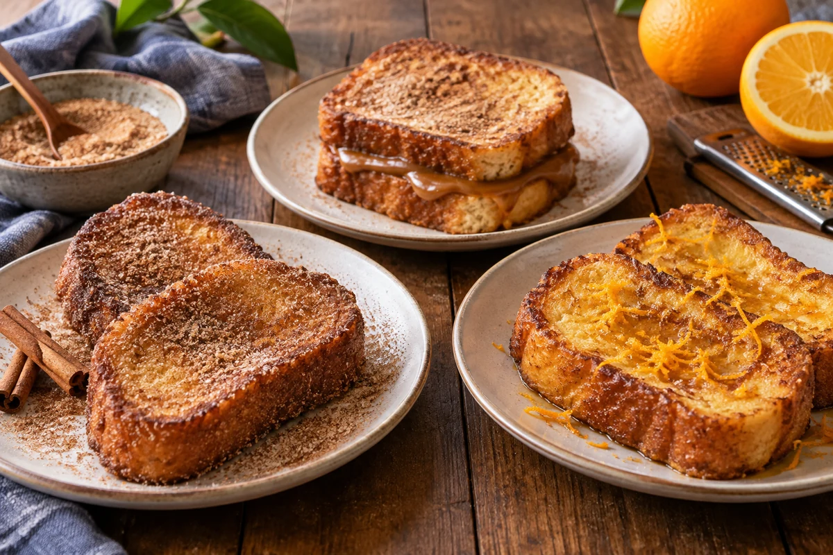 Variantes de rabanadas au sucre et à la cannelle, fourrées et garnies de zestes d’orange. Variantes de rabanadas au sucre et à la cannelle, fourrées et garnies de zestes d’orange.