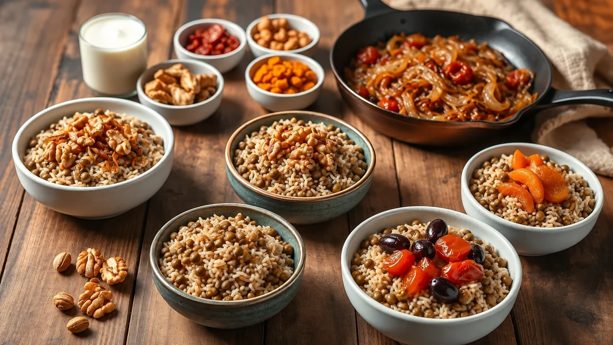 Bols de riz aux lentilles avec des noix, des abricots, des tomates et des olives