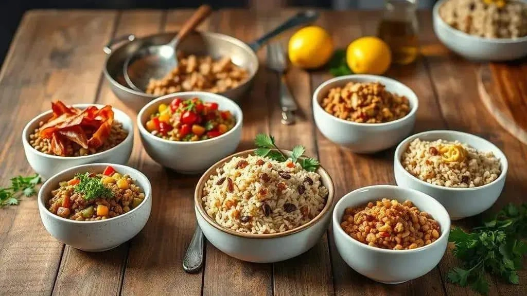 Plusieurs variantes de riz aux lentilles, avec légumes ou viande