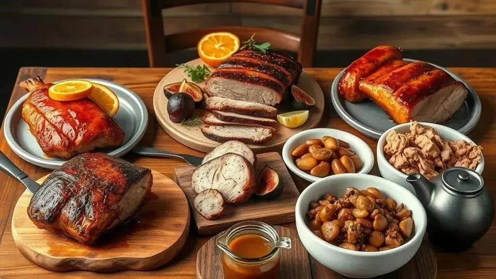 Plusieurs rôtis et tranches de porc accompagnés de fruits, d’herbes et de sauces