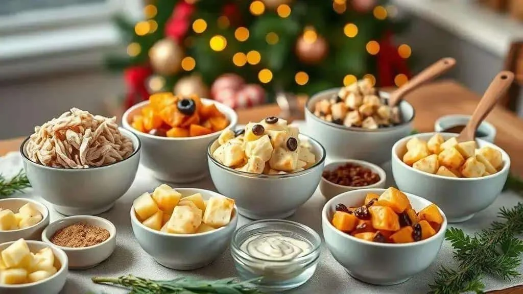 Bols de pommes de terre et de patates douces, avec du poulet effiloché, des raisins secs et une sauce à part.