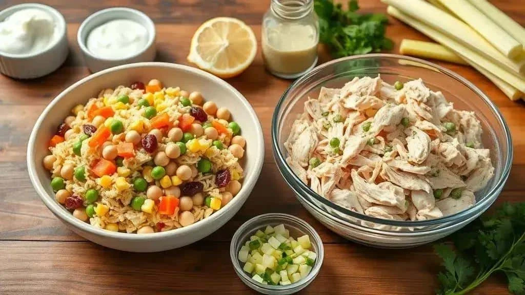 Deux saladiers présentant des légumes aux pois chiches et une préparation au poulet