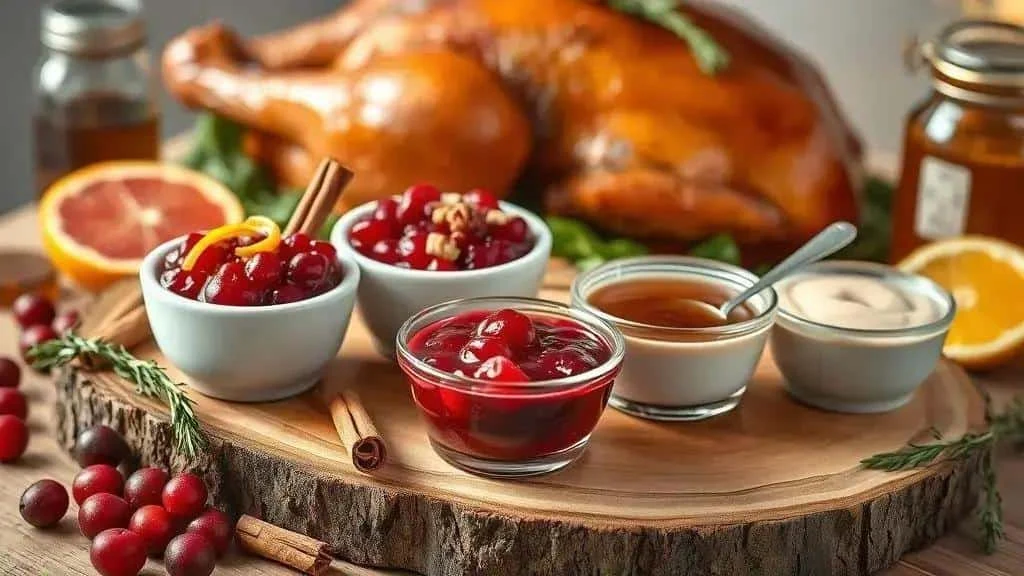 Bols de sauce aux cranberries avec des épices, des zestes et des noix, devant une volaille rôtie