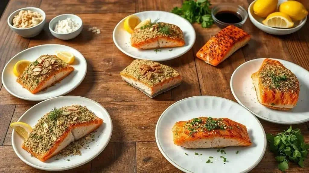 Portions de saumon avec différentes croûtes, amandes et assaisonnements