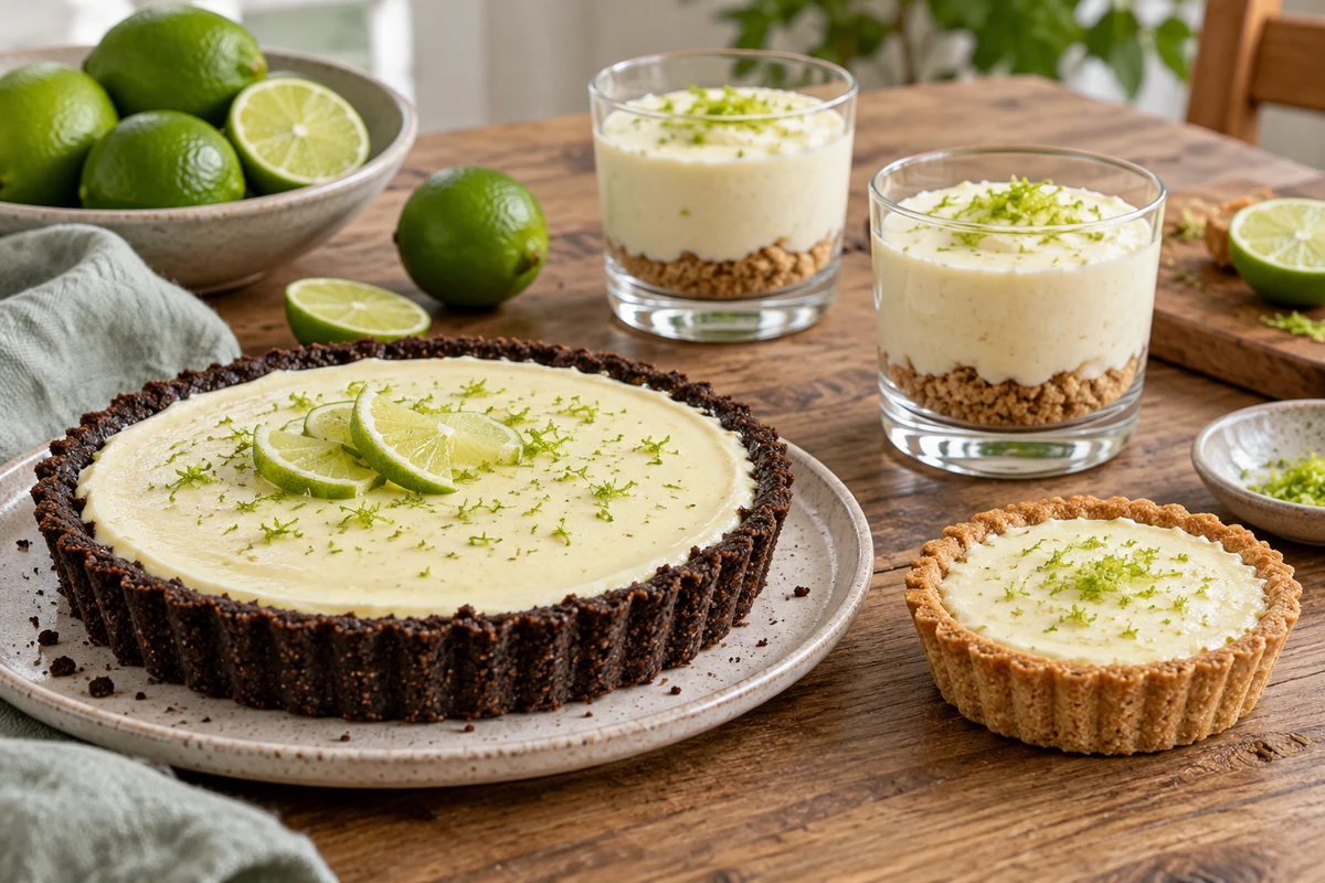 Idées de présentation : tarte au citron vert sur fond chocolaté, tartelette et verrines. Idées de présentation : tarte au citron vert sur fond chocolaté, tartelette et verrines.