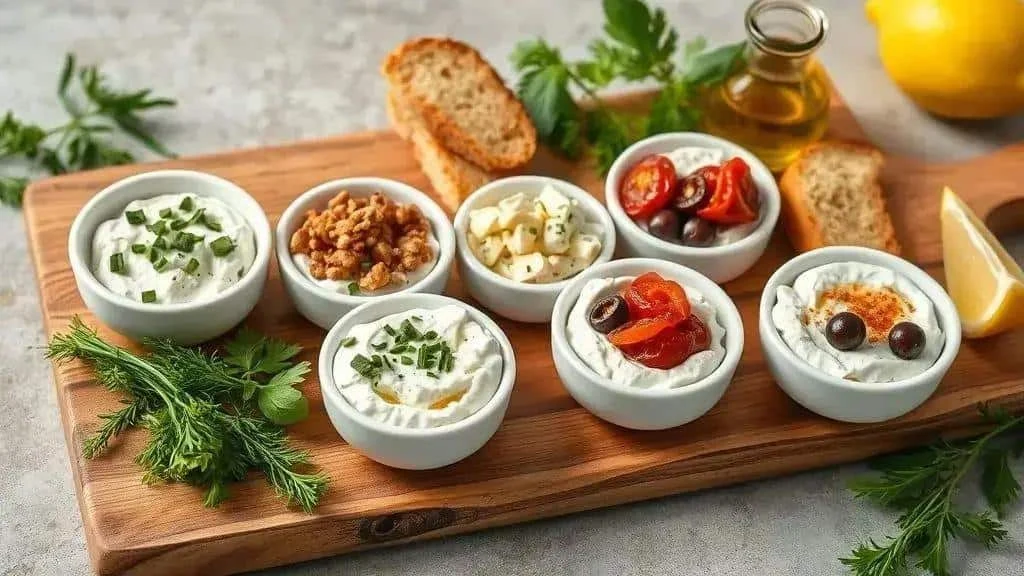 Plusieurs bols de tartinade de ricotta avec des herbes, des noix, des tomates et des olives.