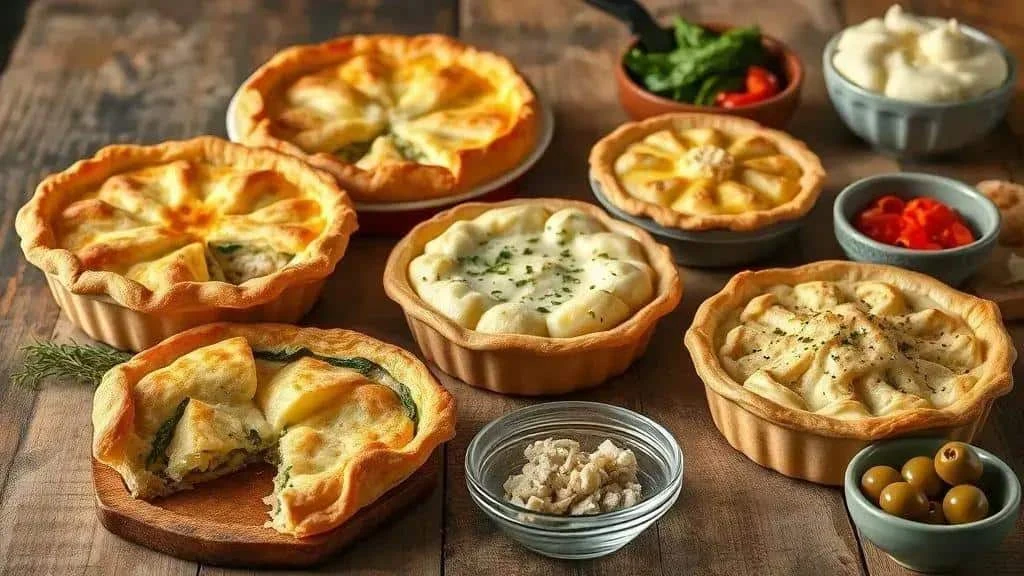 Différentes présentations de tourtes à la morue, avec des pâtes et des garnitures variées