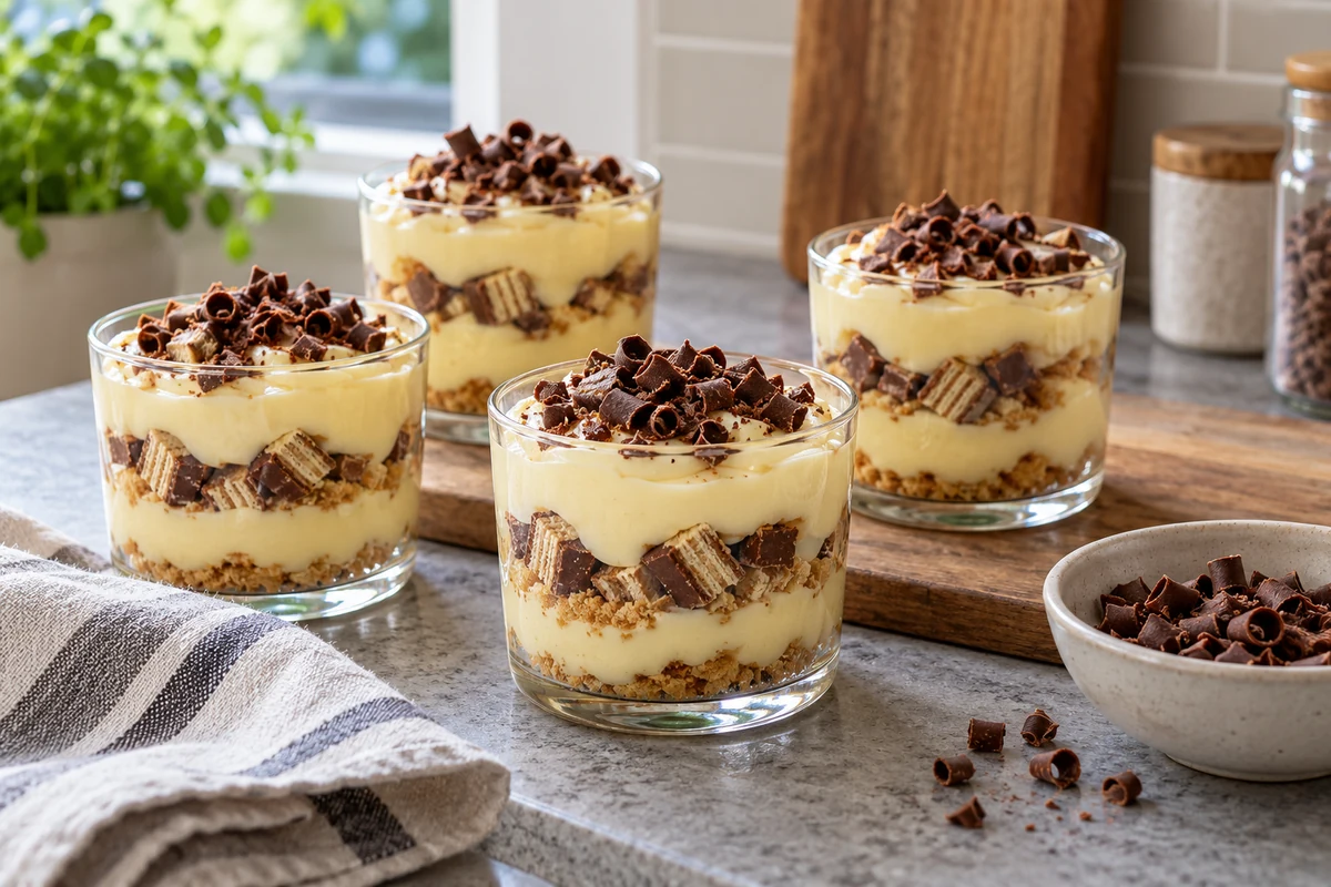 Quatre verrines de crème et de gaufrettes enrobées, décorées de copeaux de chocolat
