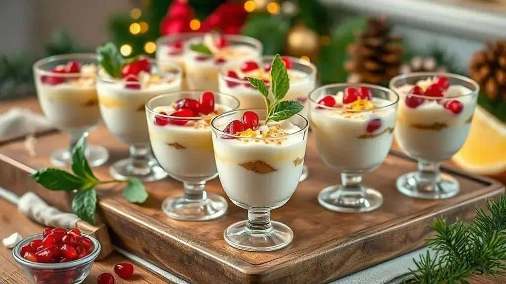 Verrines de crème et de biscuit sur un plateau, garnies de fruits rouges et de menthe.