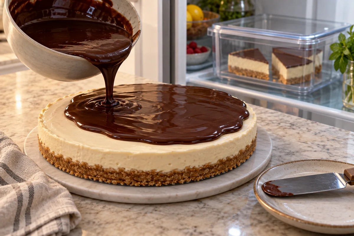 Ganache au chocolat versée sur un gâteau à base de biscuits et de crème claire Ganache au chocolat versée sur un gâteau à base de biscuits et de crème claire