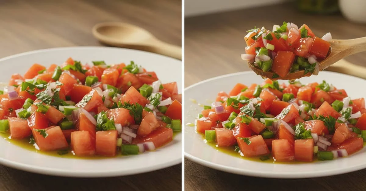 Deux vues d’une salade de tomates, de poivron vert et d’oignon, dont une cuillerée soulevée