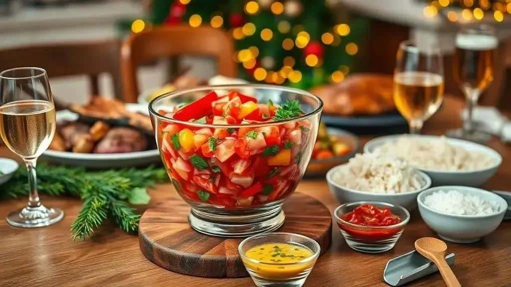 Saladier de légumes colorés sur une table de fête avec du riz, des viandes et des boissons