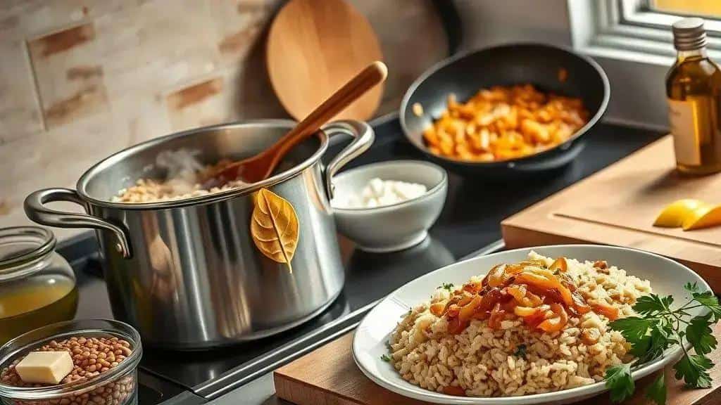 Como preparar Arroz de Lentilha com cebola caramelizada Como preparar Arroz de Lentilha com cebola caramelizada