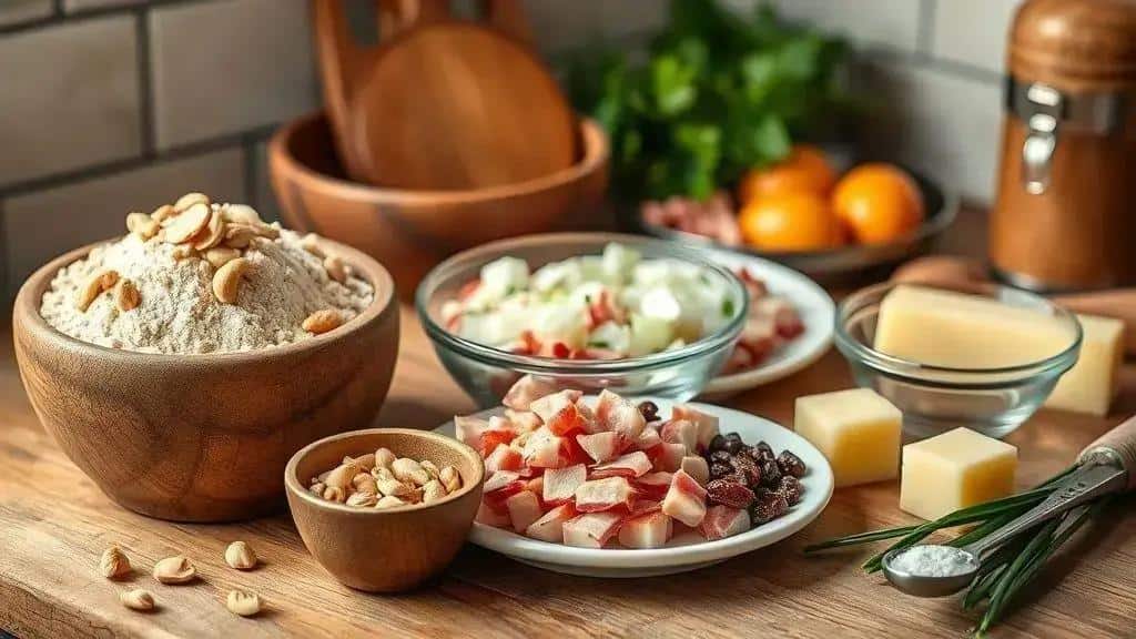 Ingredientes da farofa natalina de castanhas e bacon Ingredientes da farofa natalina de castanhas e bacon