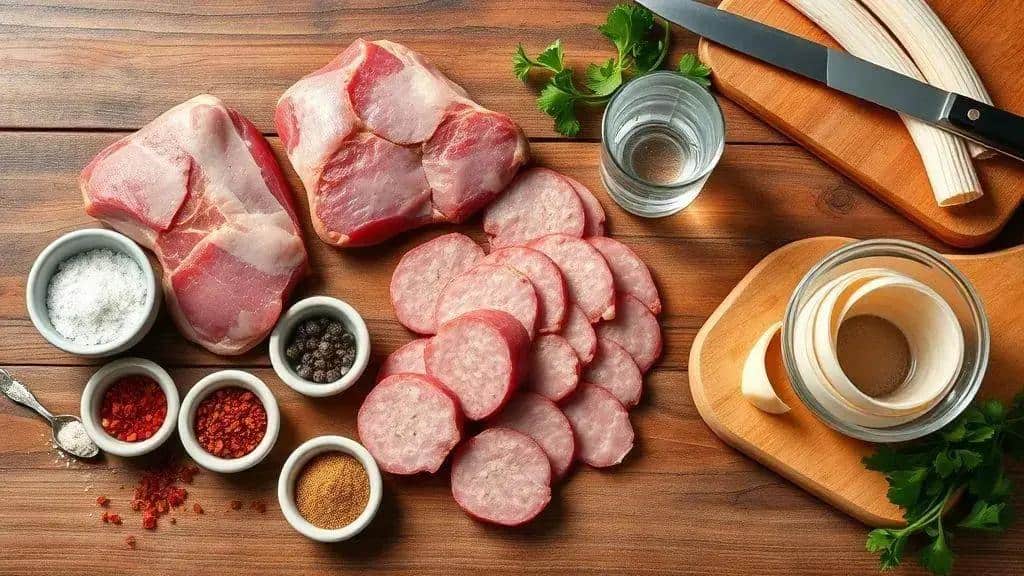 Ingredientes da linguiça artesanal assada Ingredientes da linguiça artesanal assada