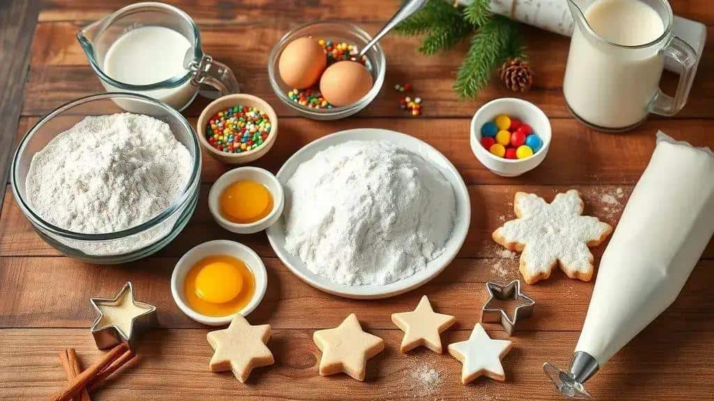 Ingredientes da receita Biscoitos Natalinos Decorados com Glacê Ingredientes da receita Biscoitos Natalinos Decorados com Glacê
