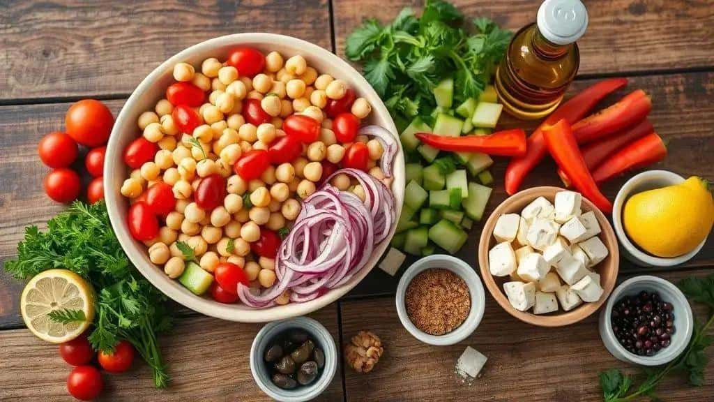 Ingredientes da salada de grão-de-bico para réveillon Ingredientes da salada de grão-de-bico para réveillon