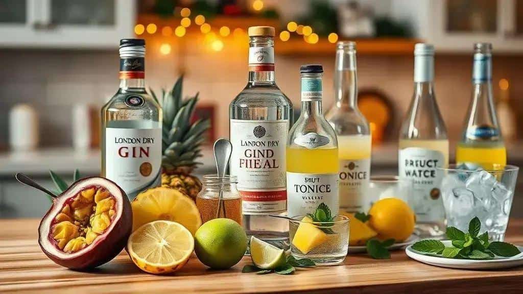 Ingredientes do drink com gin e frutas tropicais Ingredientes do drink com gin e frutas tropicais