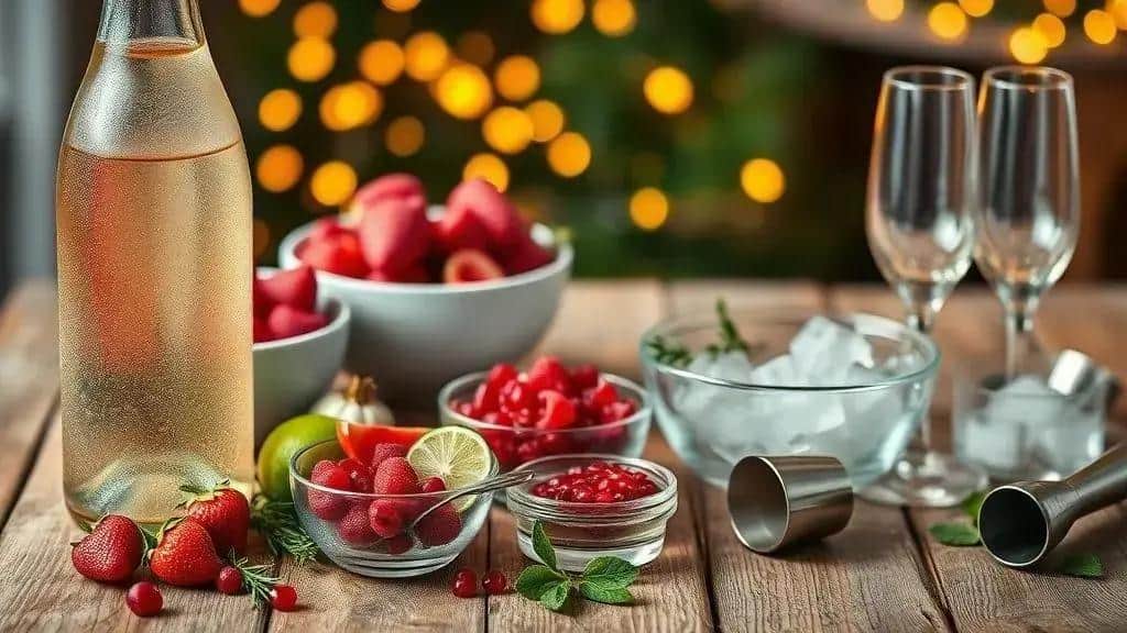 Ingredientes do drink natalino com espumante e frutas vermelhas