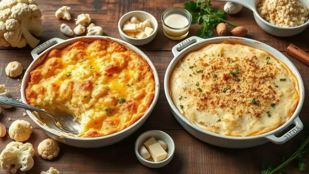 Variações da couve-flor gratinada (versões vegana e com queijo)