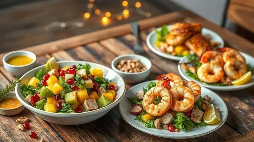 Variações da salada tropical de natal (versões vegana e com proteínas)