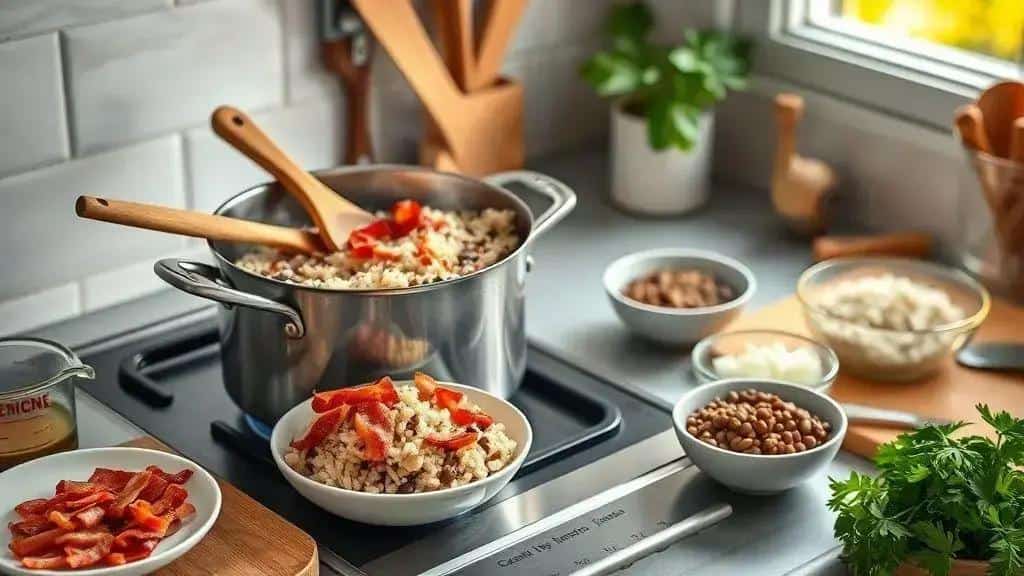 Como preparar o arroz de lentilha com bacon