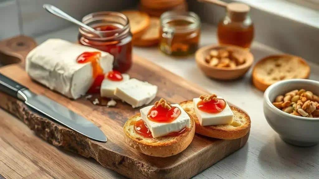 Como preparar o canapé de queijo de cabra com geleia de pimenta Como preparar o canapé de queijo de cabra com geleia de pimenta