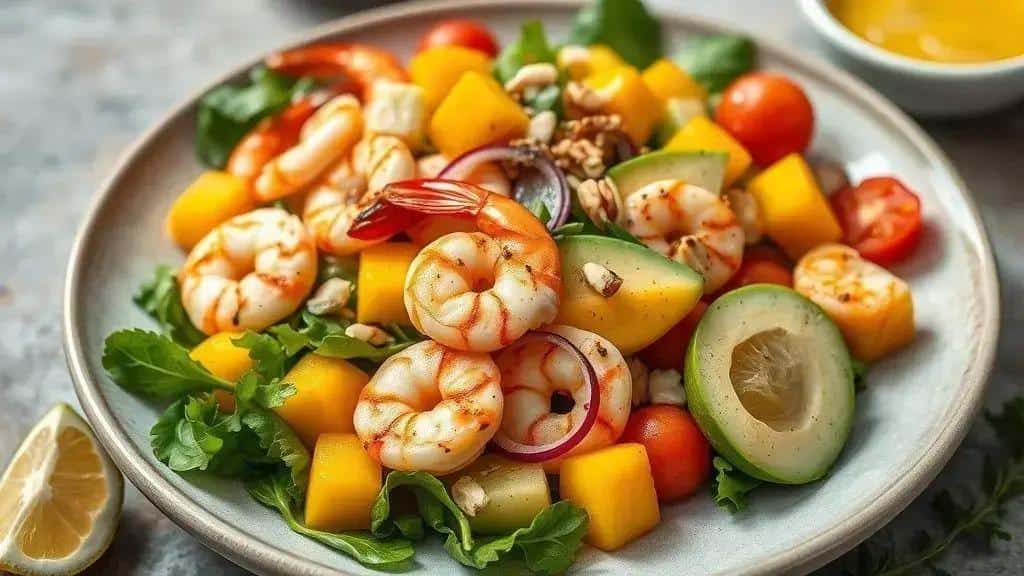 como preparar salada tropical de camarão e manga
