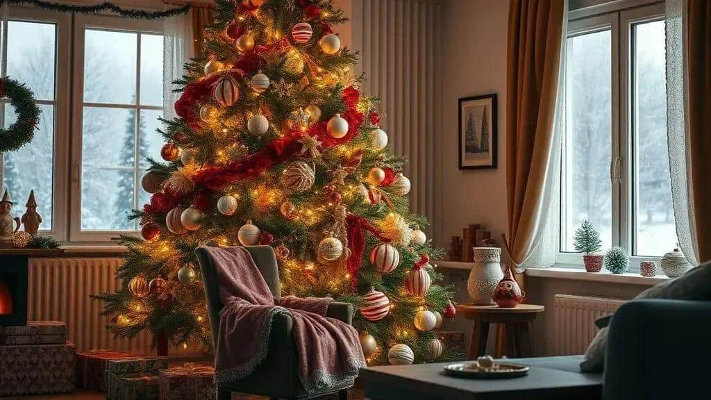 Decoração, árvore e figura de Ded Moroz