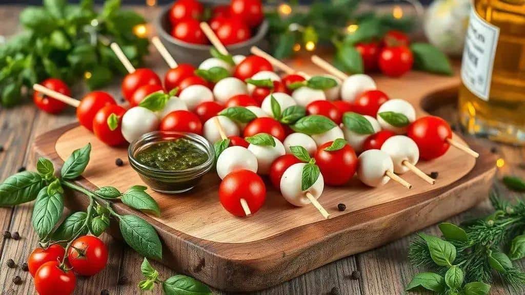 Espetinho caprese com pesto — ingredientes, preparo e variações