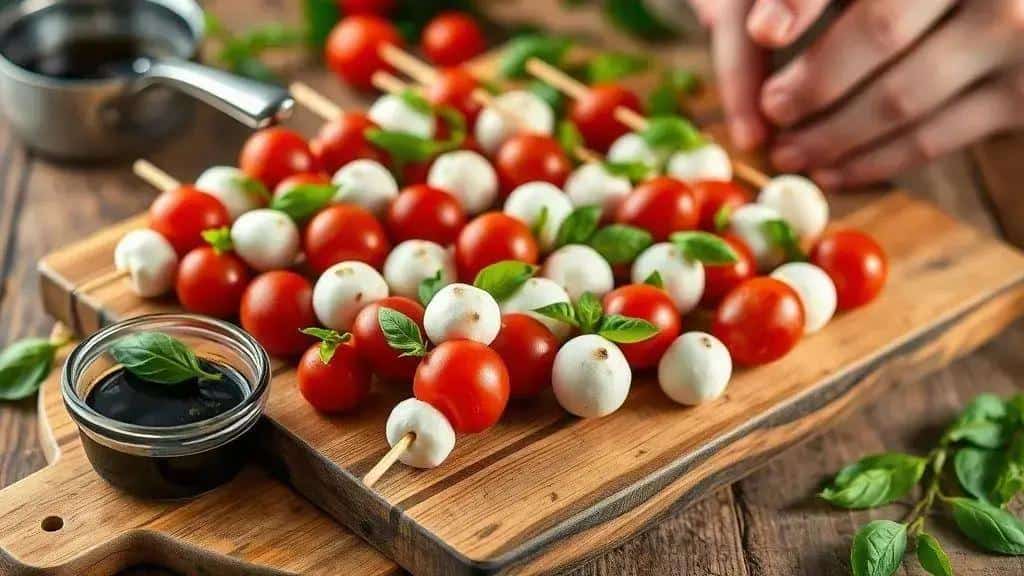 Espetinhos caprese com redução de balsâmico — ingredientes, preparo e variações