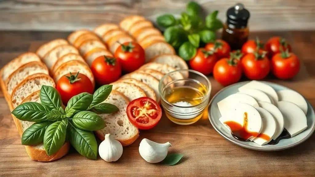 Ingredientes da bruschetta clássica de tomate e manjericão