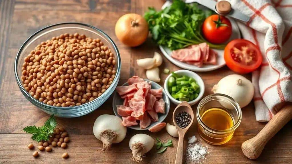 Ingredientes da lentilha da virada com linguiça