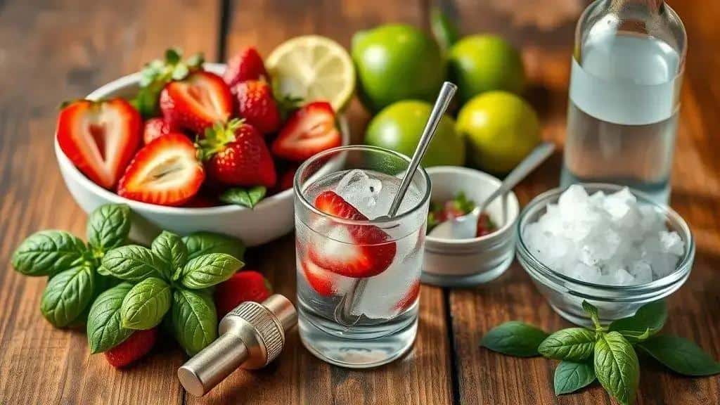 Ingredientes da receita caipirinha de morango com manjericão