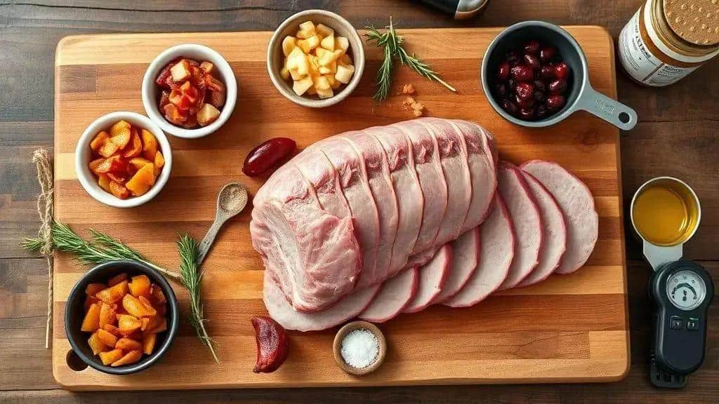 Ingredientes da receita: lombo recheado com frutas secas e bacon