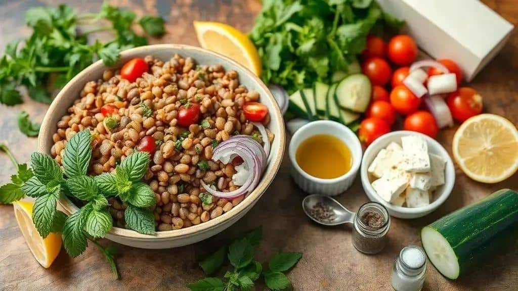 Ingredientes da salada de lentilha com hortelã